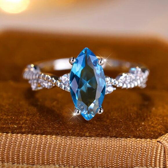 NEW 18k White Gold Blue Sapphire Diamond Ring Marquise Cut Ring - Picture 5 of 7